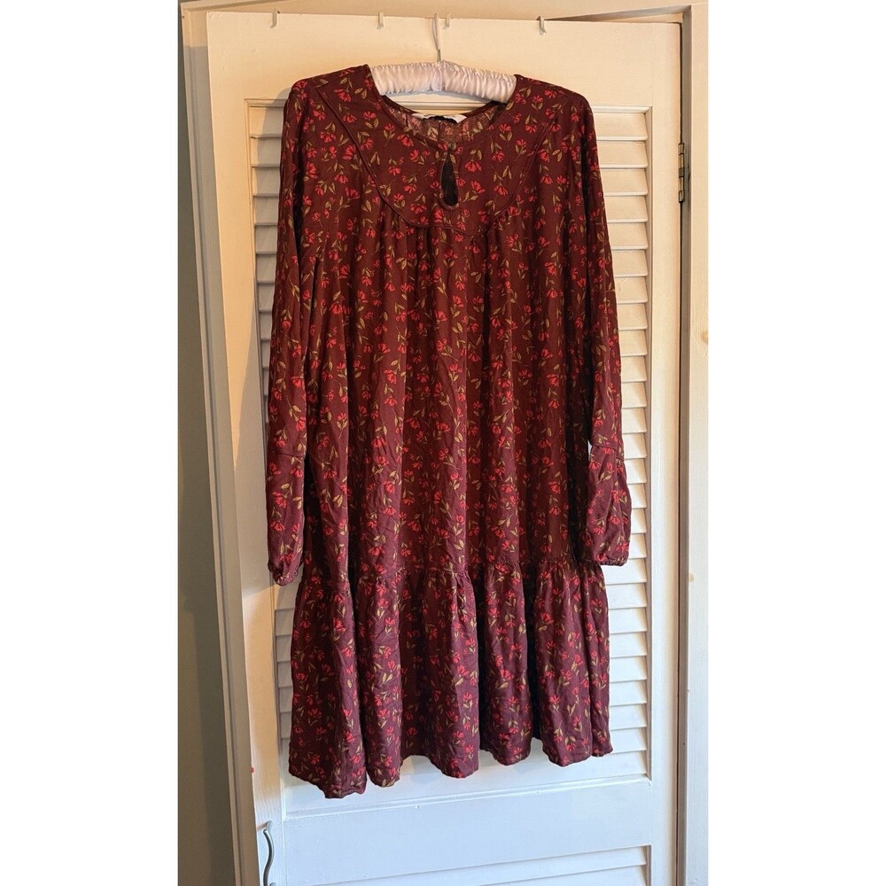 Sonoma Women’s XL Floral Tiered Long Sleeve Dress Cottagecore Prairie Maroon